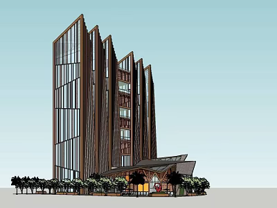 Modern High Rise Hotel Building With Glass Facade Metal Elements And Landscaped Entrance 3d model