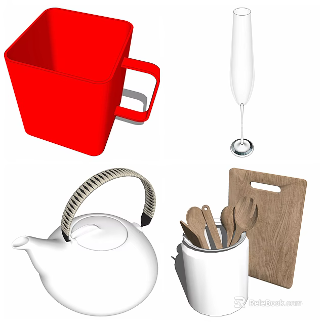 Colorful Kitchen Tools Set With Red Mug White Teapot Blender And Wooden Cutting Board 3d model 