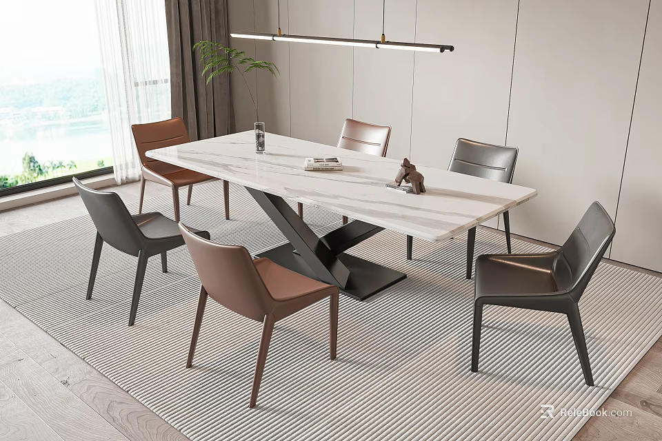 Modern Rectangular Dining Table Set With Marble Top Six Chairs Pendant Light And Rug 3d model