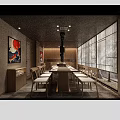 Japanese Style Private Dining Room With Long Wooden Table Chairs Grid Windows And Wall Paintings