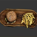 Delicious Krusty Hamburger With Beef Patty And Golden Fries On Wooden Tray