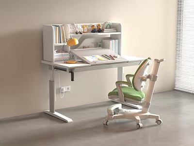 Functional Modern White Study Desk With Shelf Lamp Books And Green Chair 3d model