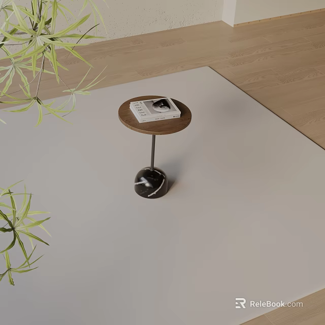 Round Side Table With Wooden Top Black Marble Base Magazine And Green Plants In Room 3d model 