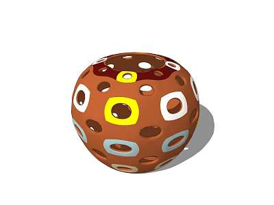 Colorful Spherical Decorative Ornament Set With Brown Base And White Yellow Blue Circular Cutouts 3d model