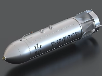 Silver Cylindrical Bomb With Serial Numbers And Metallic Tail Fins 3d model