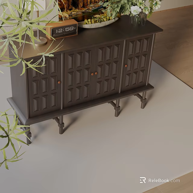 Dark Brown Vintage Wooden Storage Cabinet With Carved Doors And Green Plants 3d model 