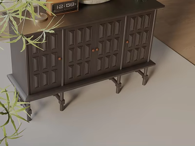 Dark Brown Vintage Wooden Storage Cabinet With Carved Doors And Green Plants 3d model