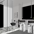 Modern Bathroom Interior With Glass Shower Large Mirror Marble Countertops And Double Sinks