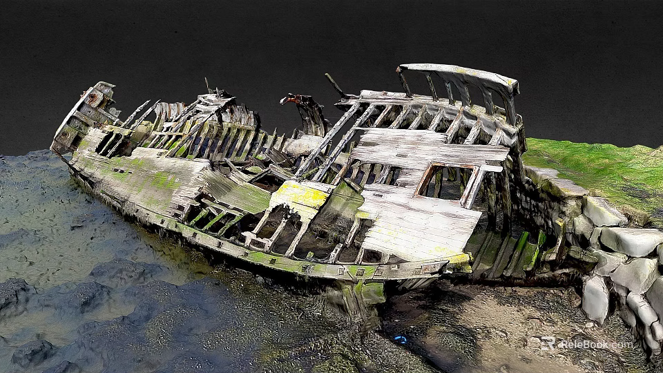 Abandoned Wooden Boat with Rotten Planks and Moss Covered Weathered Wood on Shore 3d model 
