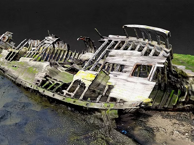Abandoned Wooden Boat with Rotten Planks and Moss Covered Weathered Wood on Shore 3d model