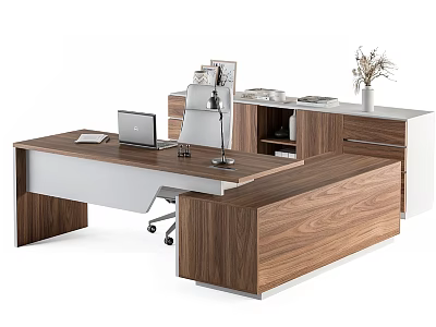 Modern Wooden Walnut Office Desk and Chair Set with Laptop Desk Lamp Drawers and Cabinets 3d model