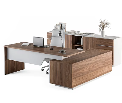 Modern Wooden Walnut Office Desk and Chair Set with Laptop Desk Lamp Drawers and Cabinets 3d model