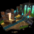 3D Fantasy Scene With Wooden Structures Ladder Treasure Chest Gold Coins Green Lighting Steps Plants