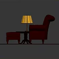 Red Tufted Armchair And Ottoman With Small Table Lamp On Round Rug With Orange Patterns
