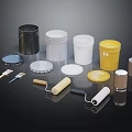Industrial Equipment Including Various Colorful Buckets Lids Paint Rollers and Tools