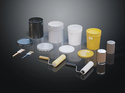 Industrial Equipment Including Various Colorful Buckets Lids Paint Rollers and Tools 3d model