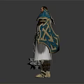 Fantasy Warrior Character in Blue Gold Armor Holding Spiked Mace with Cloak Standing Pose