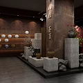 Chinese Style Gallery Corridor With Traditional Paintings Wooden Frames And Wall Lighting
