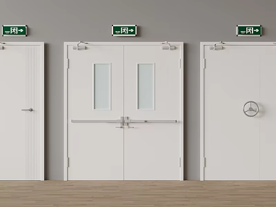 Fire Safety Equipment With White Fire Doors And Green Emergency Exit Signs 3d model