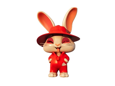 Cute Red Rabbit Cartoon With Red Hat And Outfit Big Ears Smiling Face 3d model