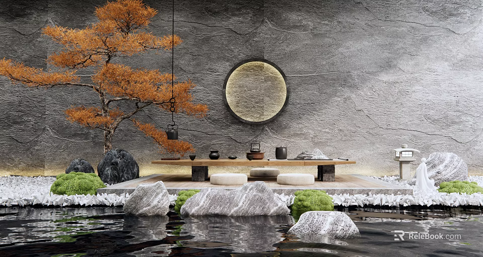 Zen Style Tea Table And Chairs With Orange Tree Round Mirror Rocks And Water Pool 3d model 