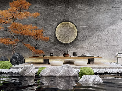 Zen Style Tea Table And Chairs With Orange Tree Round Mirror Rocks And Water Pool 3d model