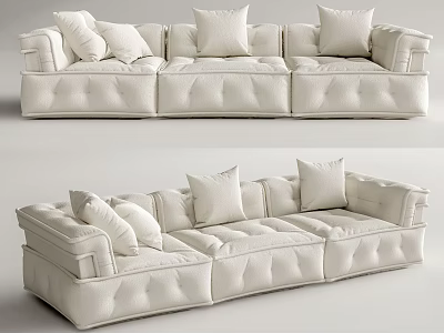 Modern White Three-Seater Sofa with Plush Stitched Cushions and Decorative Pillows 3d model