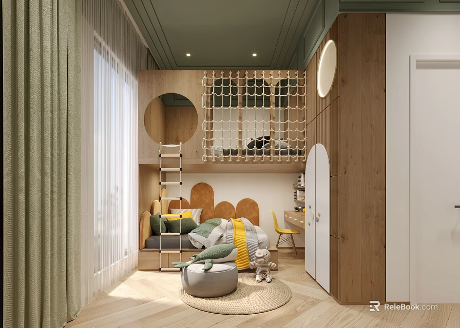 Wooden Kids Room With Green Ceiling Round Accents Bunk Bed Ladder And Seating Rug 3d model 