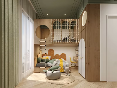 Wooden Kids Room With Green Ceiling Round Accents Bunk Bed Ladder And Seating Rug 3d model