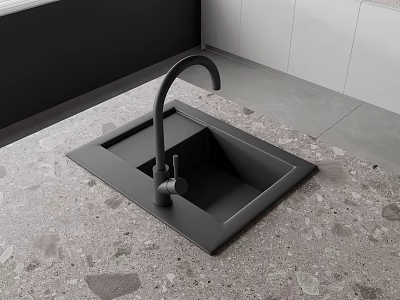 Black Kitchen Sink on Patterned Countertop with Modern Faucet in Contemporary Kitchen with White Cabinets 3d model