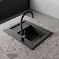 Black Kitchen Sink on Patterned Countertop with Modern Faucet in Contemporary Kitchen with White Cabinets