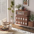 Home Balcony Interior With Window Blinds Large Plants Brown Cabinet White Chair And Rug