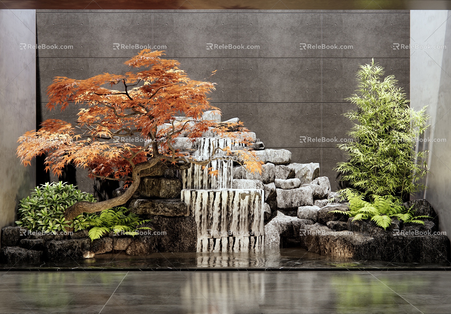 New Chinese-style rockery waterscape interior landscape sketch stone patio landscape courtyard sketch red maple landscape tree bamboo 3d model