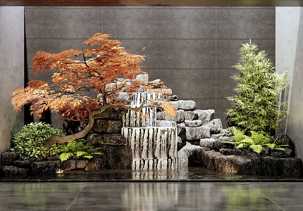 New Chinese-style rockery waterscape interior landscape sketch stone patio landscape courtyard sketch red maple landscape tree bamboo 3d model