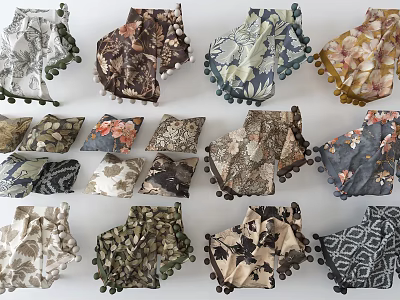 Assorted Decorative Throw Pillows With Floral Geometric Patterns And Tassel Trim In Various Colors 3d model