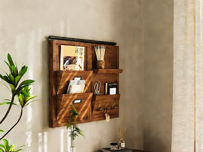 Wooden Wall Mounted Shelf With Decorative Items And Green Plant Near Light Wall 3d model