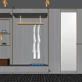 Hotel Room Featuring Dark Wooden Walls White Robes Clothing Rack Shelves And Geometric Floor Tiles