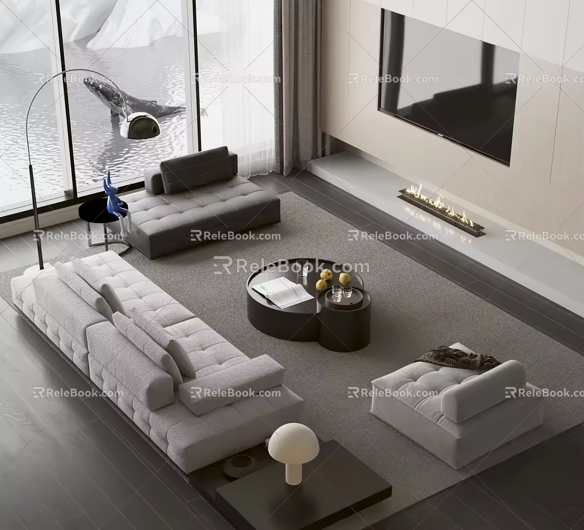 Modern Sofa Coffee Table Casual Sofa Coffee Table Fabric Sofa Fishing Light 3d model