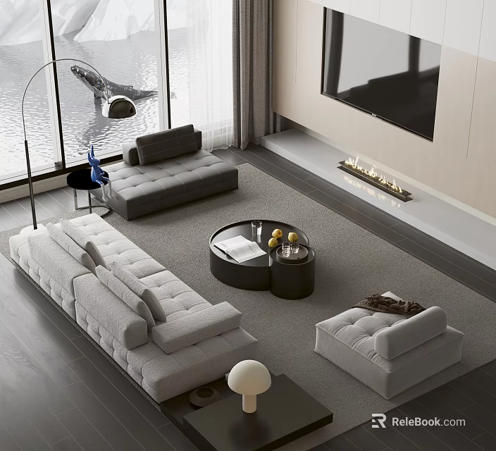 Modern Gray Sofa And Coffee Table Set With Round Table Fireplace Large Window Rug 3d model 