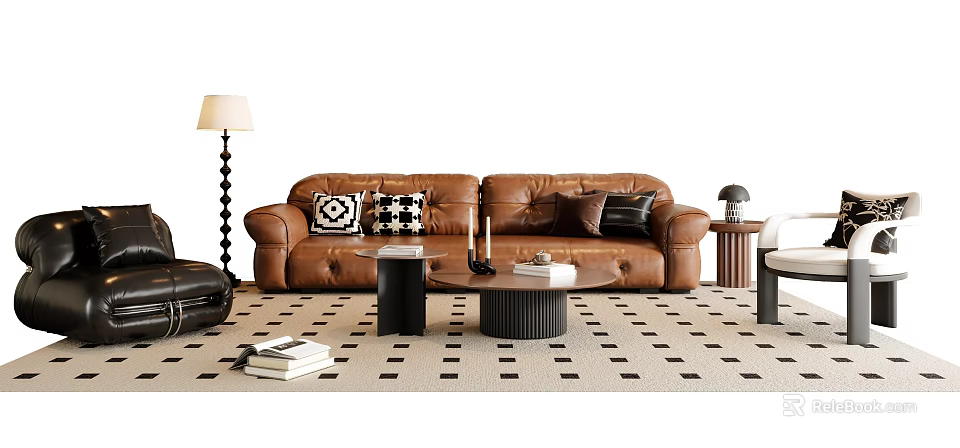 Modern Brown Leather Sofa Coffee Table Set With Pillows And Floor Lamp On Checkered Rug 3d model 