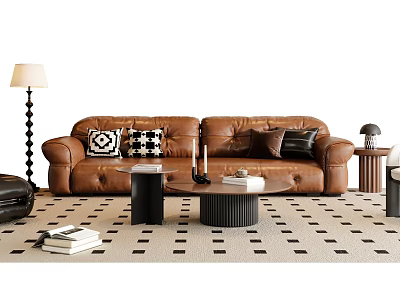 Modern Brown Leather Sofa Coffee Table Set With Pillows And Floor Lamp On Checkered Rug 3d model