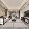 Modern Chinese Living Dining Room Interior With Pine Pattern Wall Sofa And Marble Floor 3d model