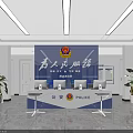 Modern Formal Police Reception Desk With Service Signage And Computer Setup