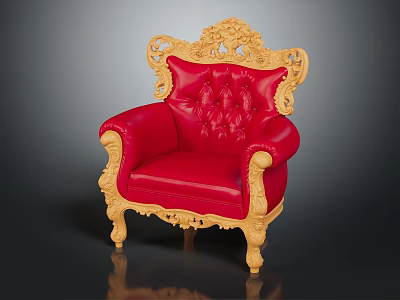 Ornate Red Leather Chair With Detailed Gold Carved Armrests And Backrest 3d model