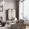 Modern Elegant Living Room Interior With Curved Sofa White Ball Chandelier Fireplace And Large Window