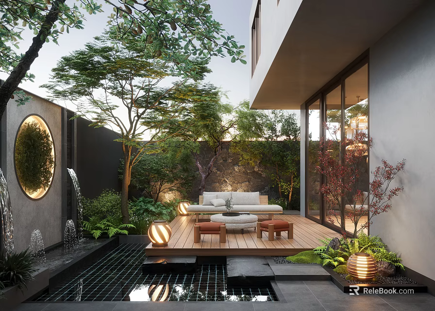 Modern Courtyard Garden With Wooden Deck Sofa Coffee Tables Water Feature Green Plants And Trees 3d model 