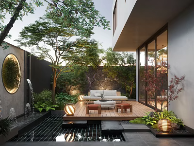 Modern Courtyard Garden With Wooden Deck Sofa Coffee Tables Water Feature Green Plants And Trees 3d model