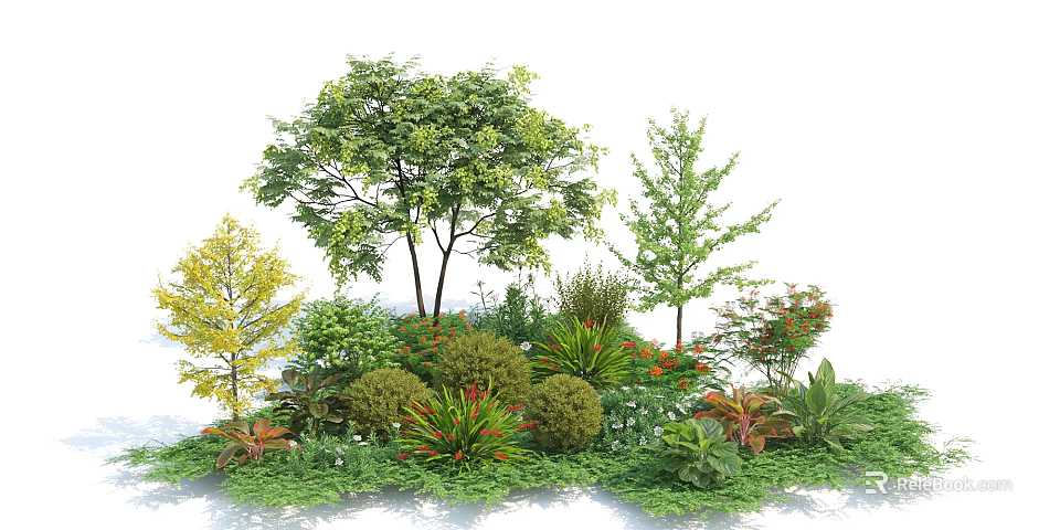 Various Types of Shrubs in Garden Landscape With Green Foliage and Colorful Flowers 3d model 