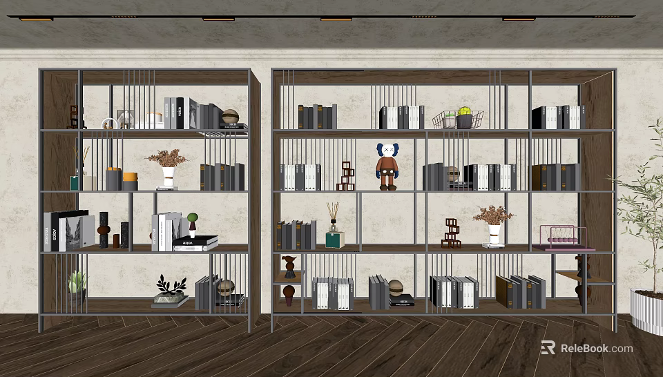 Modern Bookshelf Interior With Multiple Shelves Books Decor And Potted Plants 3d model