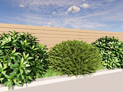 Green Leafy Shrubs Along Wooden Fence Under Blue Sky With Grass 3d model